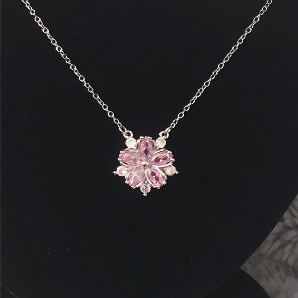 Pretty Pink Sakura Flower CZ Sterling Necklace